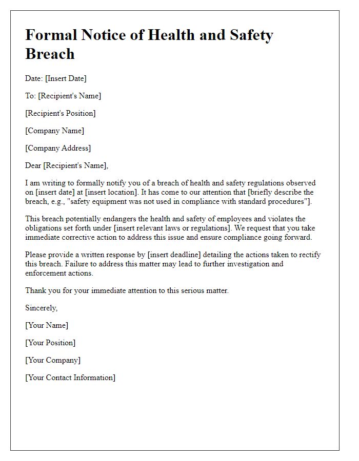 Letter template of formal notice regarding health and safety breach