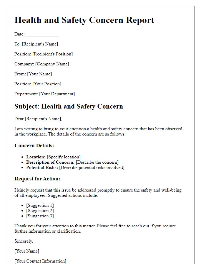 Letter template of health and safety concern report