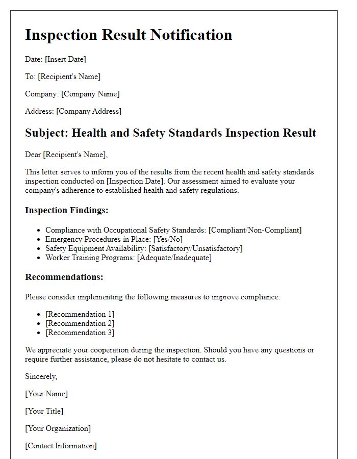 Letter template of inspection result for health and safety standards