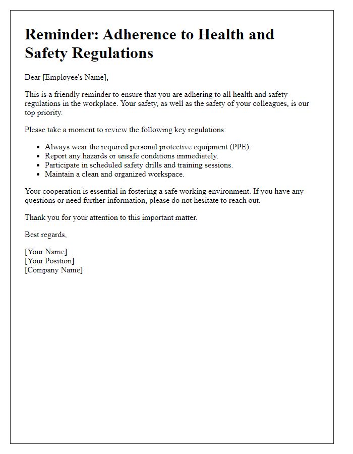 Letter template of reminder for health and safety regulations adherence