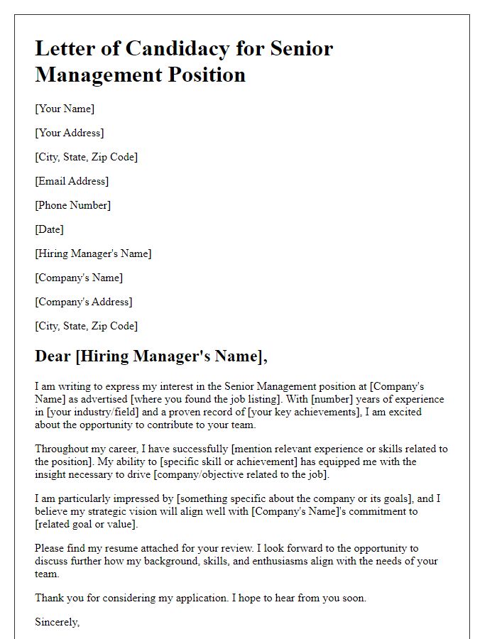 Letter template of candidacy for senior management vacancy