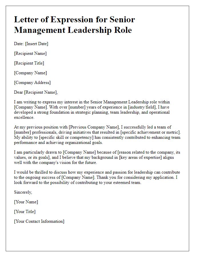 Letter template of expression for senior management leadership role