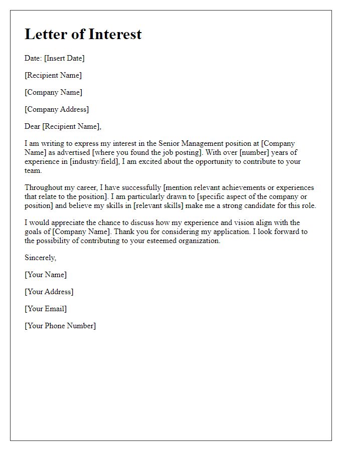 Letter template of interest in a senior management position