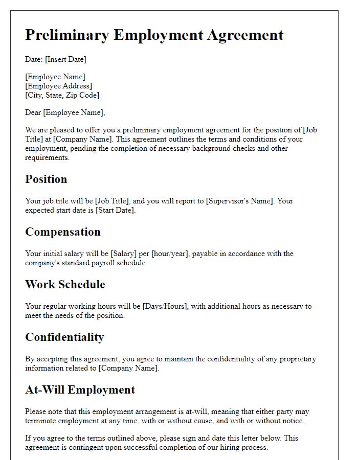 Letter template of preliminary employment agreement