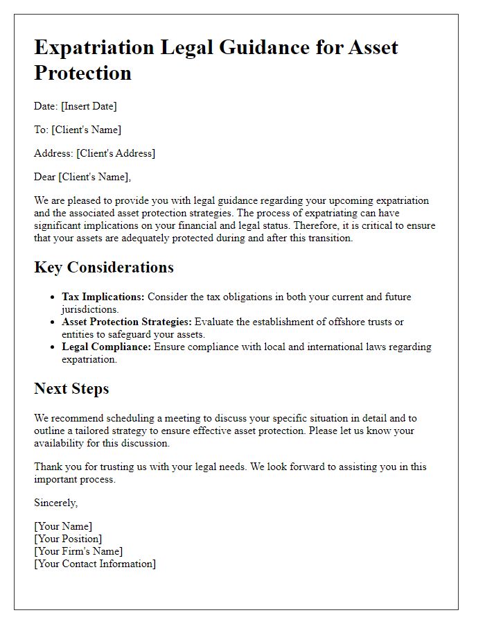 Letter template of expatriation legal guidance for asset protection