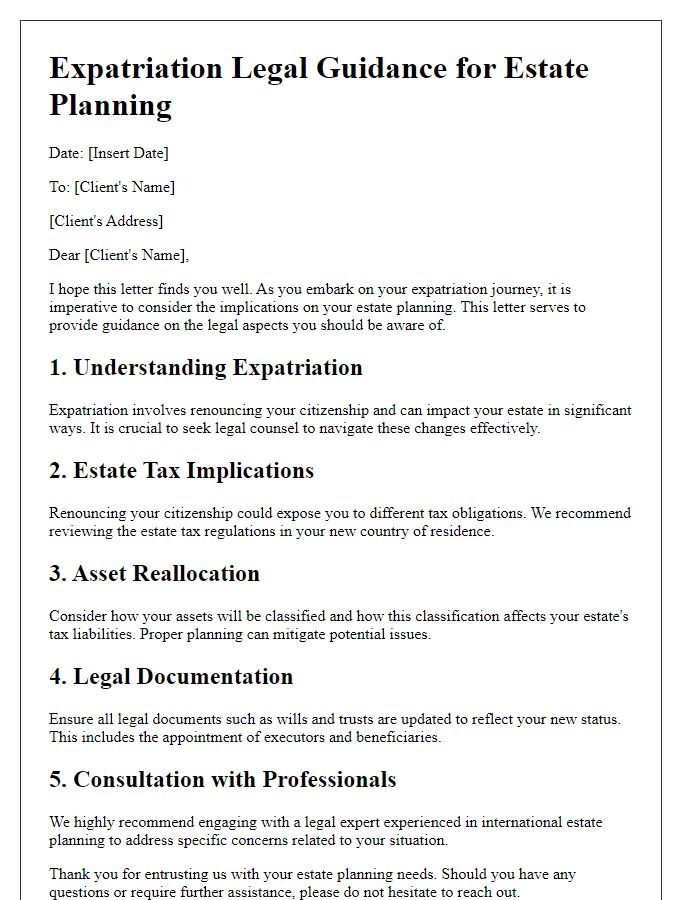 Letter template of expatriation legal guidance for estate planning