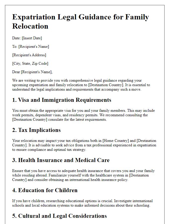 Letter template of expatriation legal guidance for family relocation