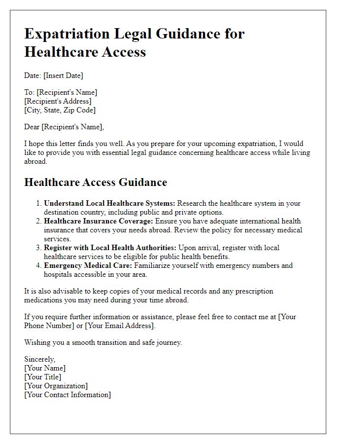 Letter template of expatriation legal guidance for healthcare access