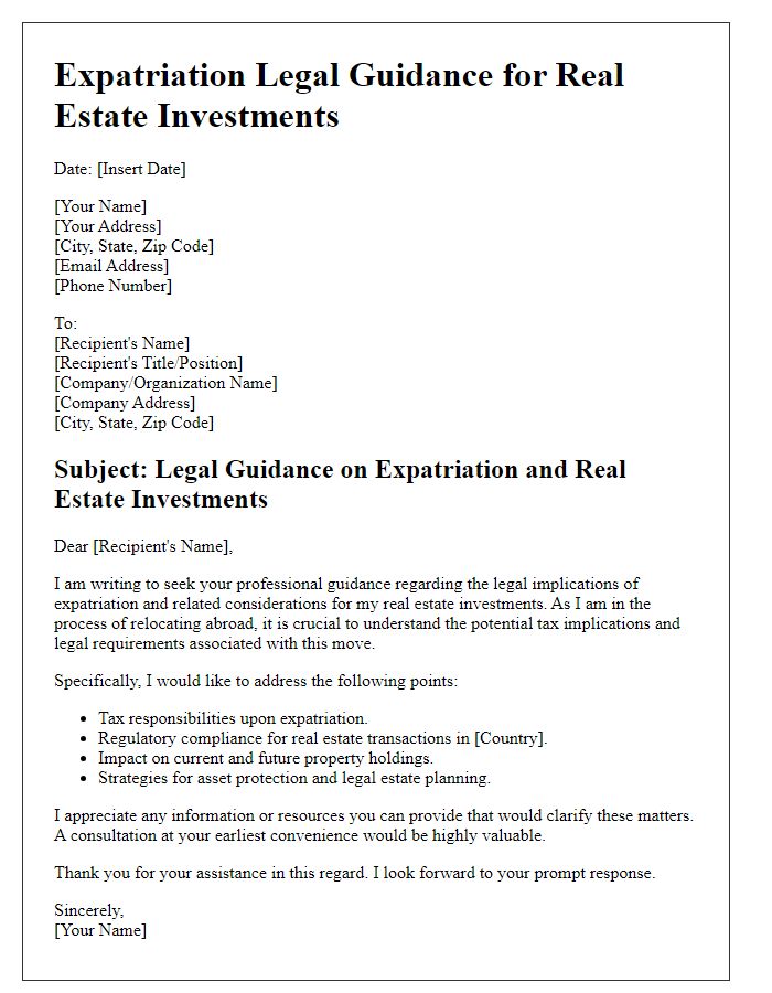 Letter template of expatriation legal guidance for real estate investments