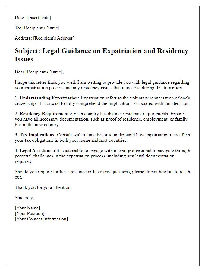 Letter template of expatriation legal guidance for residency issues