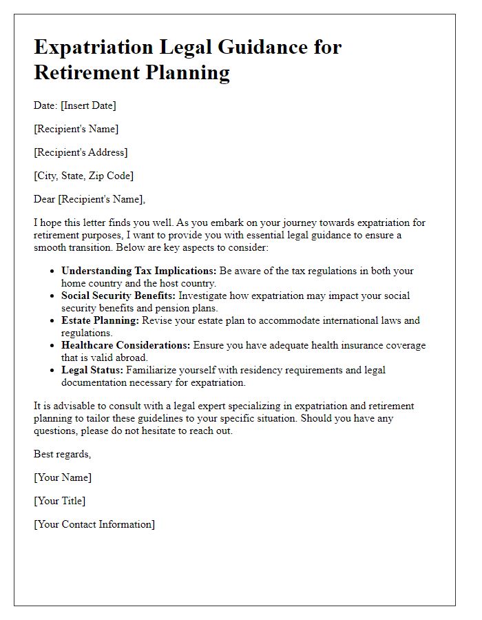 Letter template of expatriation legal guidance for retirement planning