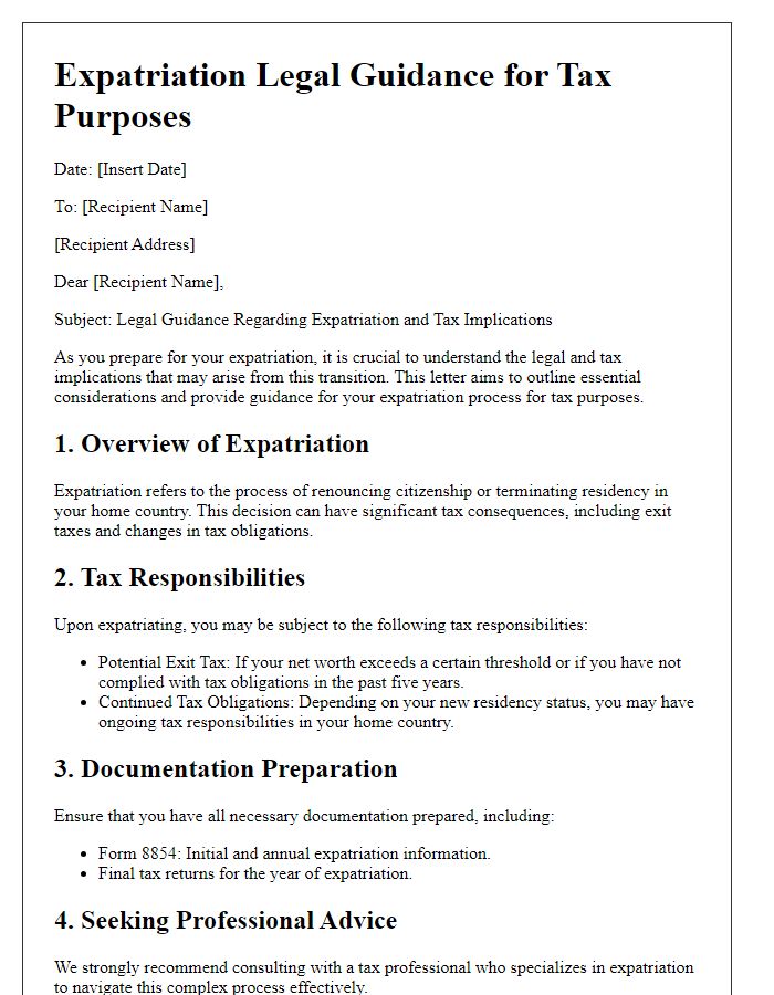 Letter template of expatriation legal guidance for tax purposes