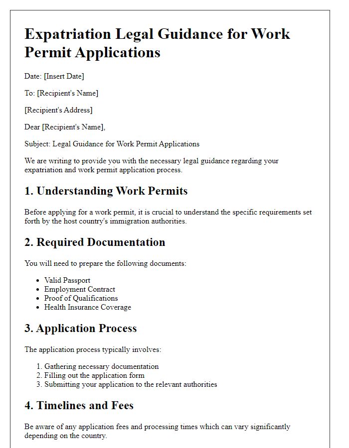 Letter template of expatriation legal guidance for work permit applications