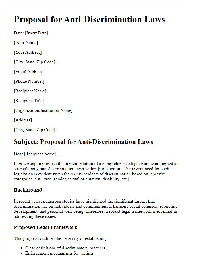 Letter template of legal framework proposal for anti-discrimination laws.