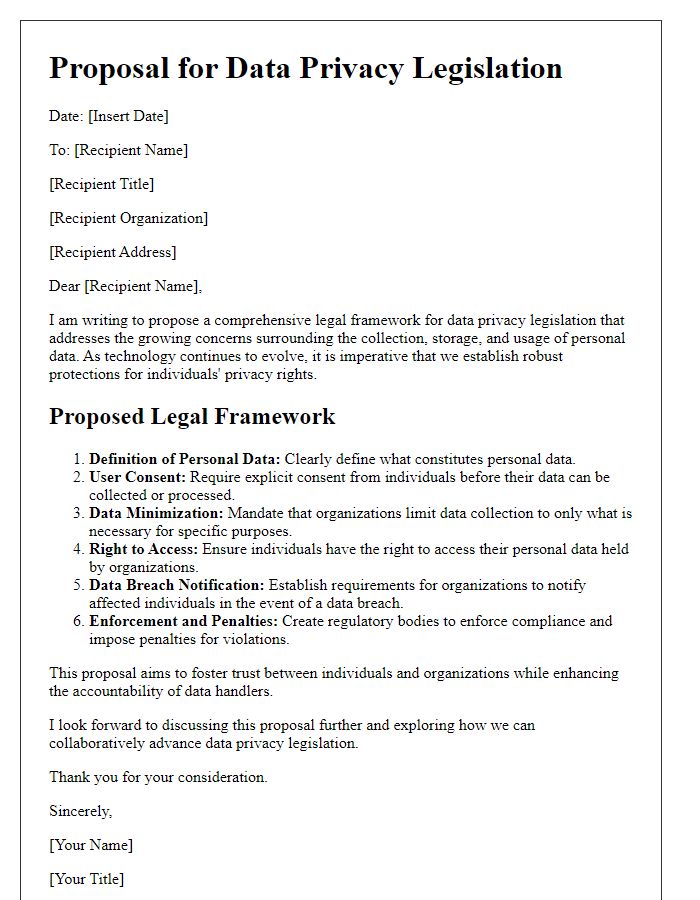 Letter template of legal framework proposal for data privacy legislation.