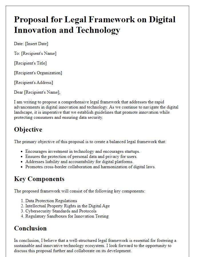 Letter template of legal framework proposal for digital innovation and technology.