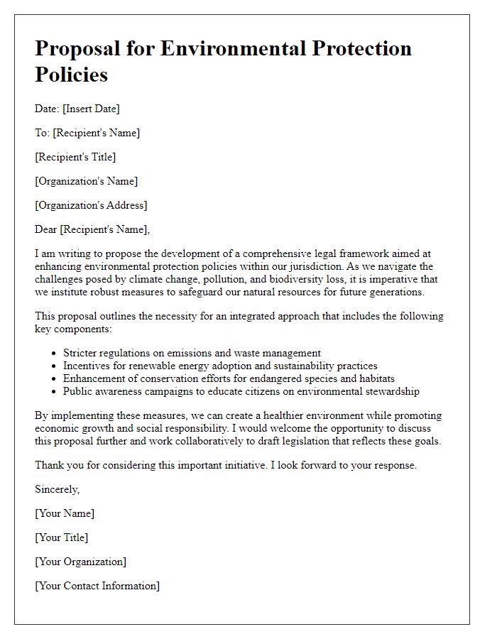 Letter template of legal framework proposal for environmental protection policies.