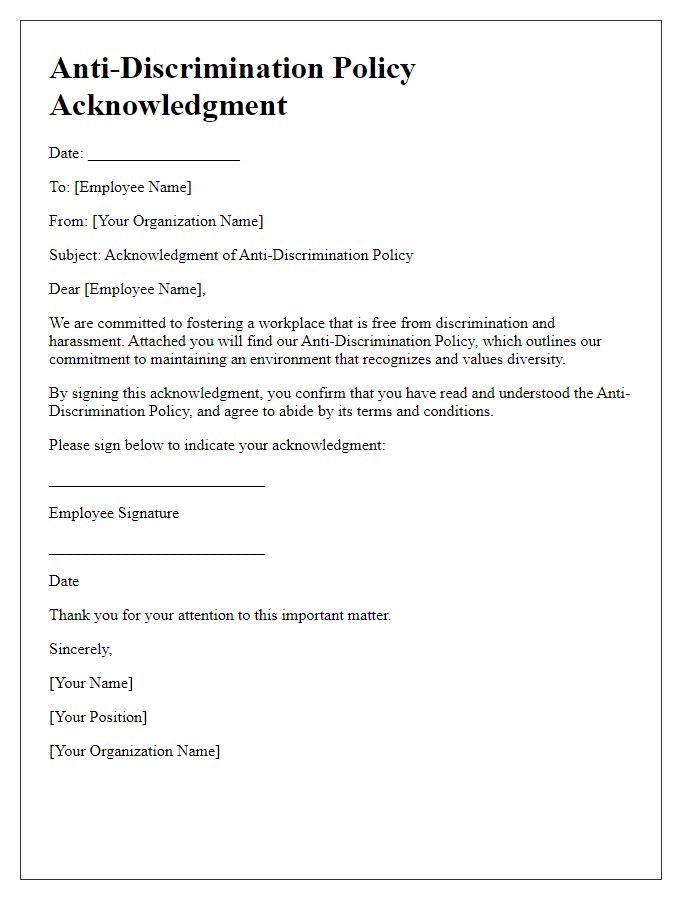 Letter template of anti-discrimination policy acknowledgment