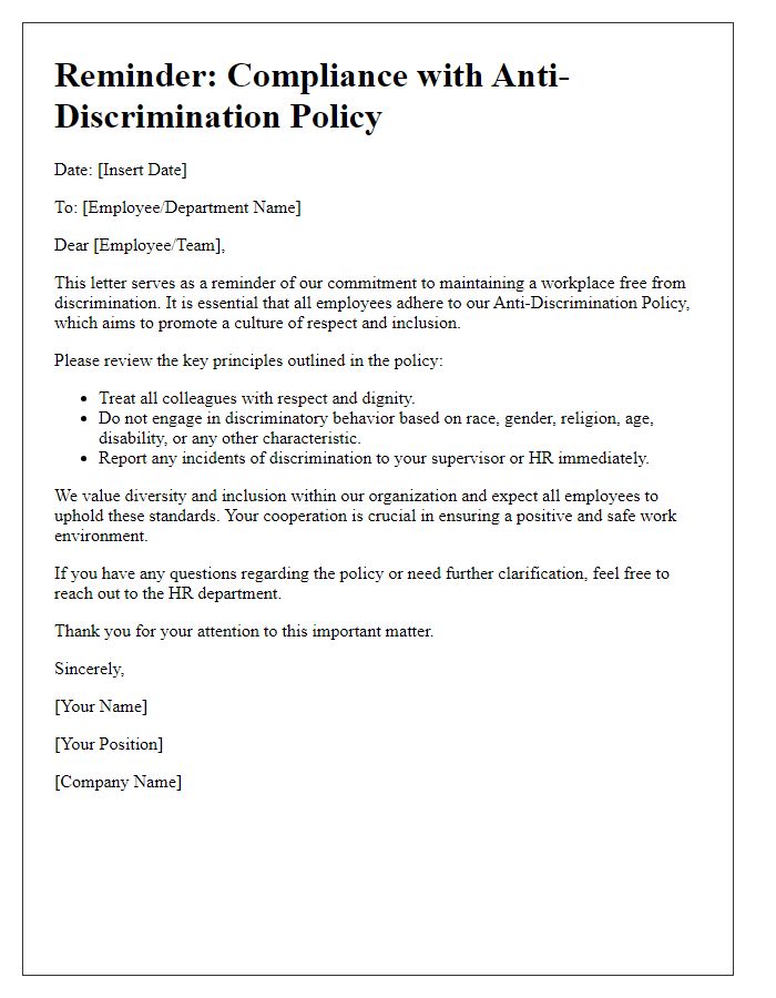 Letter template of anti-discrimination policy compliance reminder