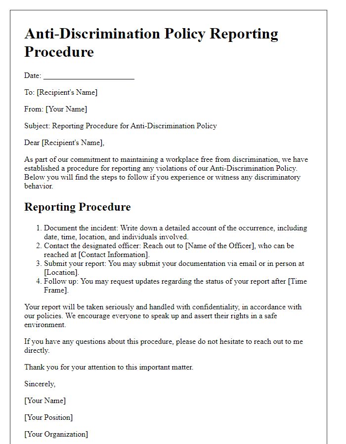 Letter template of anti-discrimination policy reporting procedure