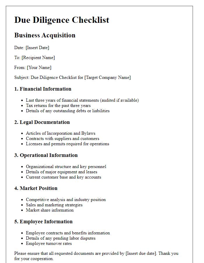 Letter template of Due Diligence Checklist for Business Acquisition