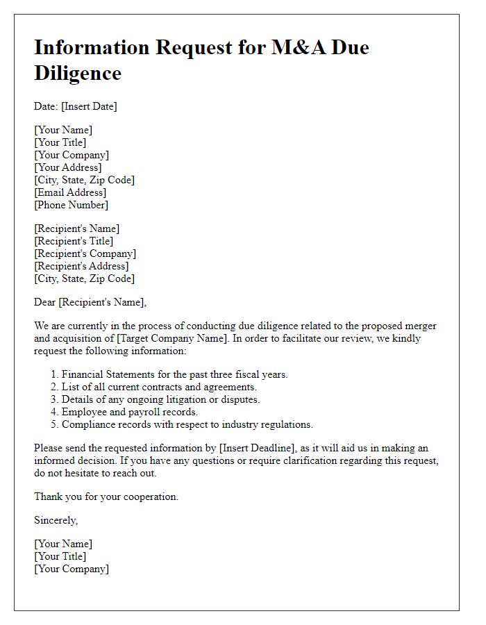 Letter template of Information Request for M&A Due Diligence