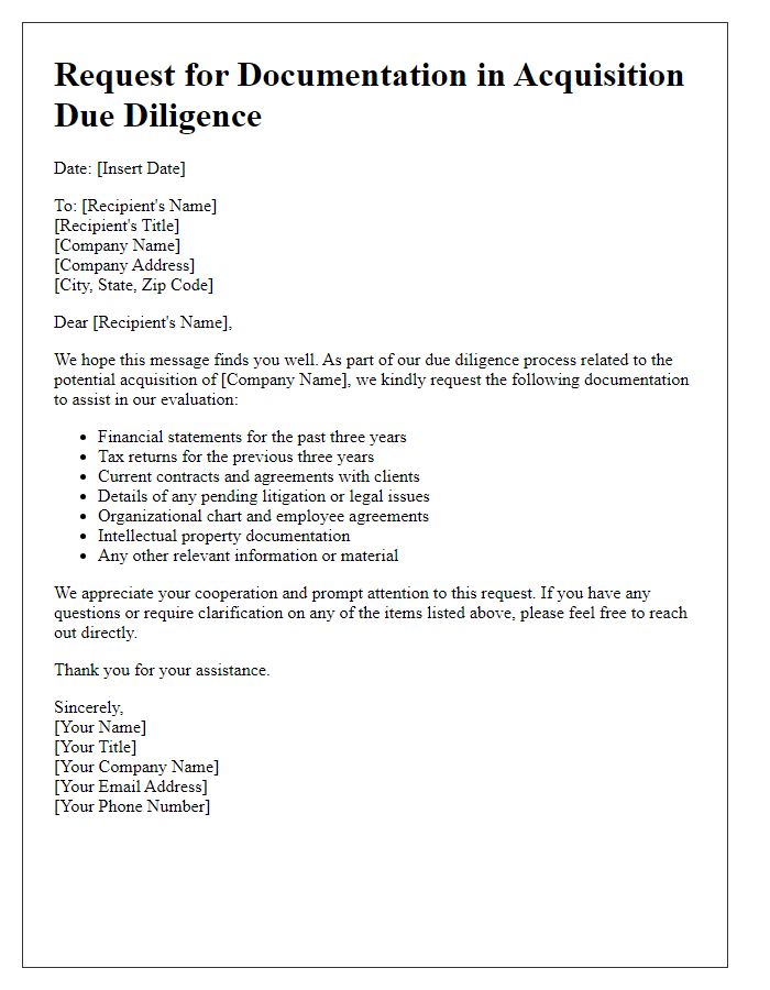 Letter template of Request for Documentation in Acquisition Due Diligence