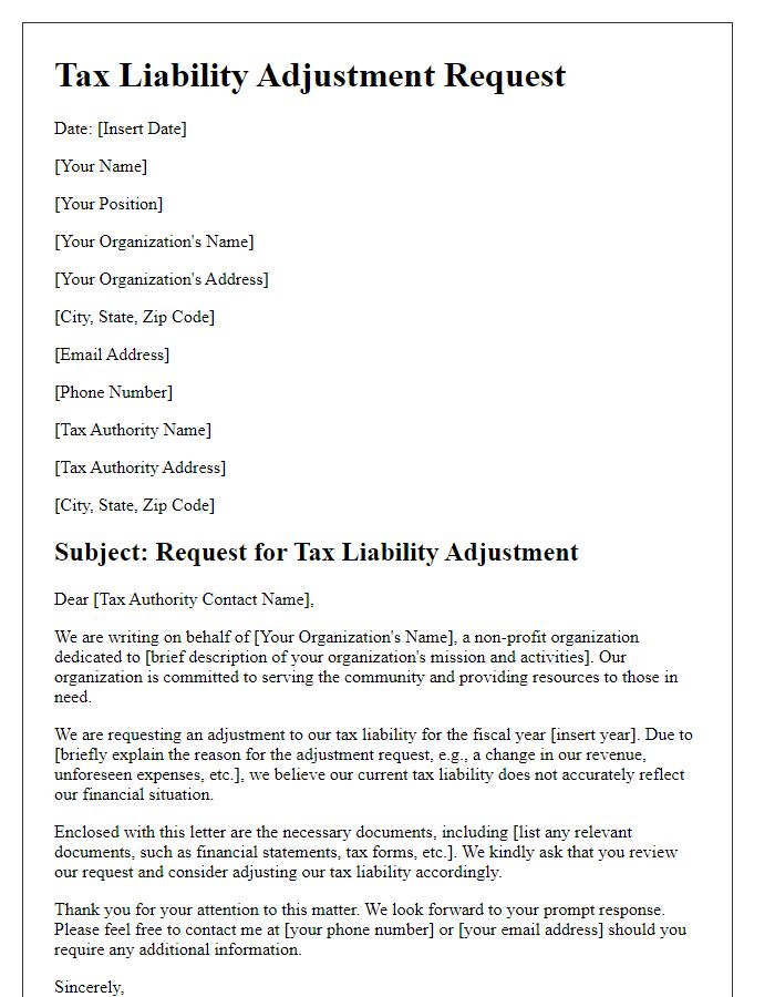 Letter template of tax liability adjustment request for non-profit organizations