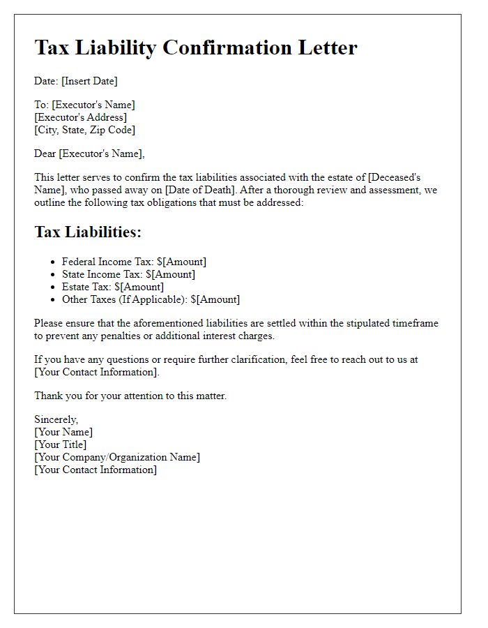 Letter template of tax liability confirmation for estate executors