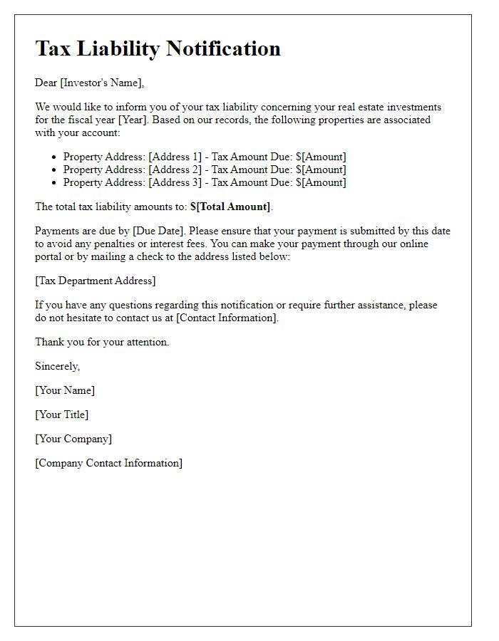 Letter template of tax liability notification for real estate investors