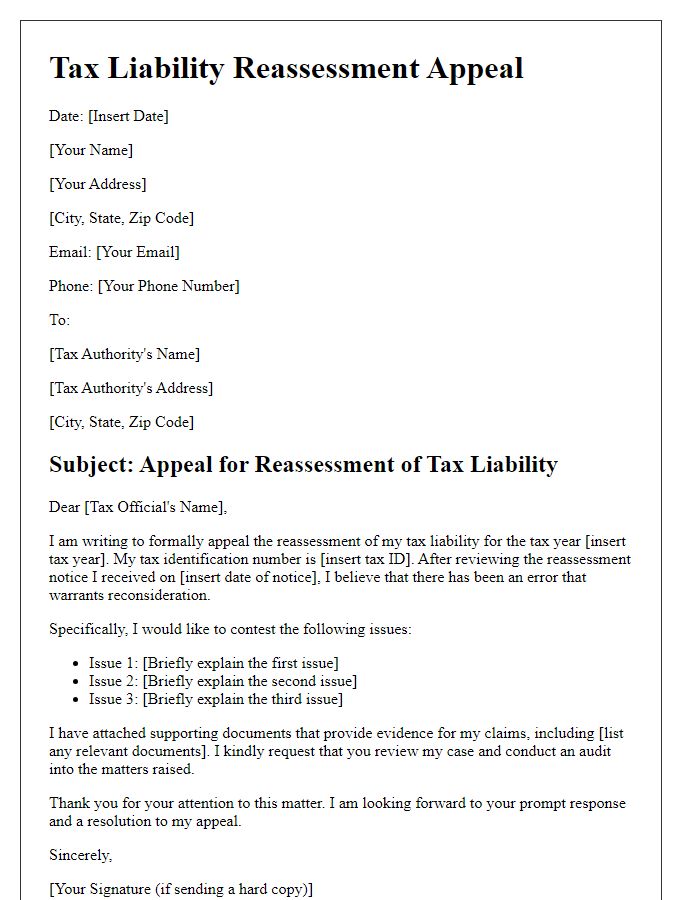 Letter template of tax liability reassessment appeal for taxpayers