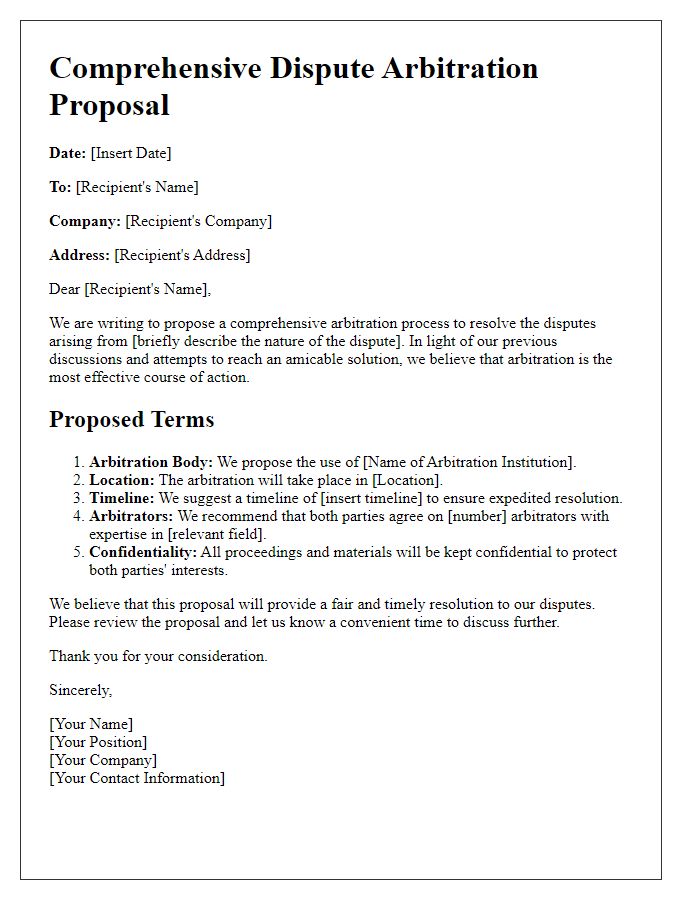 Letter template of Comprehensive Dispute Arbitration Proposal