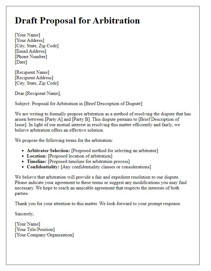 Letter template of Draft Proposal for Arbitration in Dispute Resolution