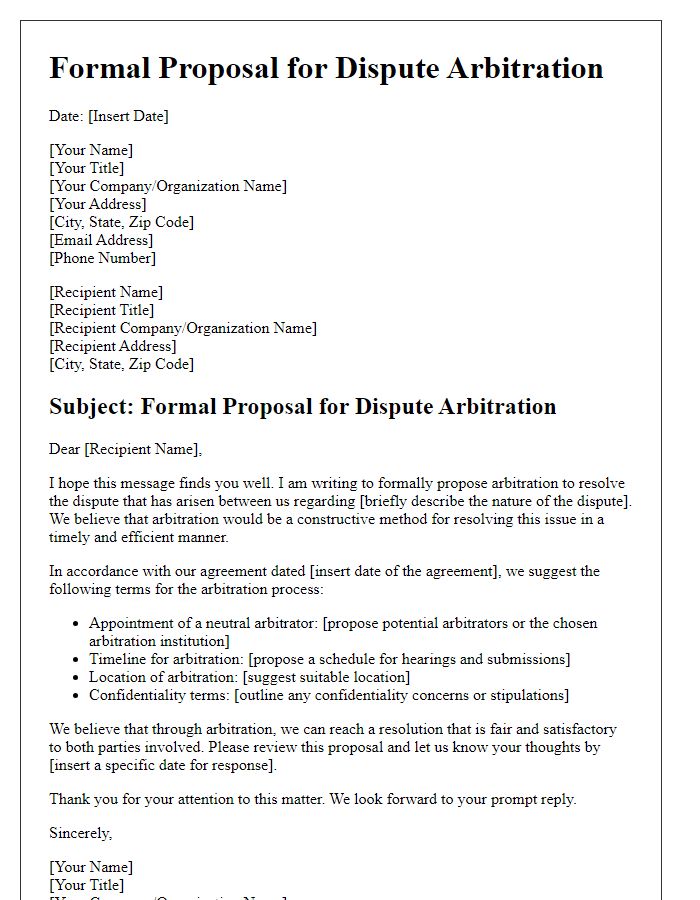 Letter template of Formal Proposal for Dispute Arbitration