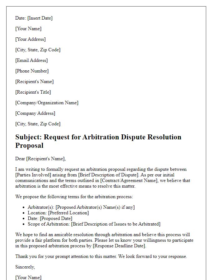 Letter template of Request for Arbitration Dispute Resolution Proposal