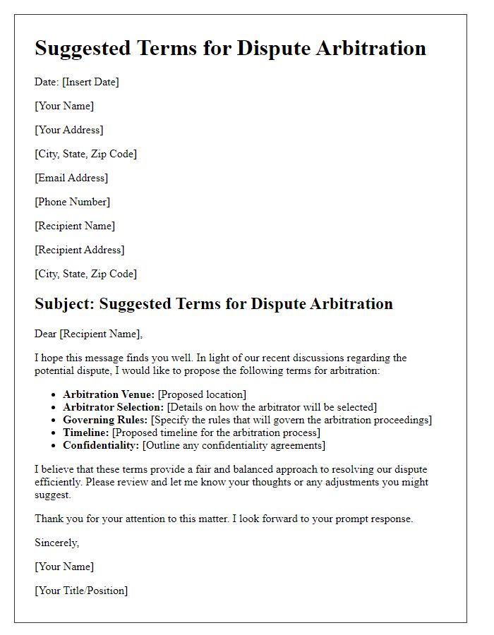 Letter template of Suggested Terms for Dispute Arbitration