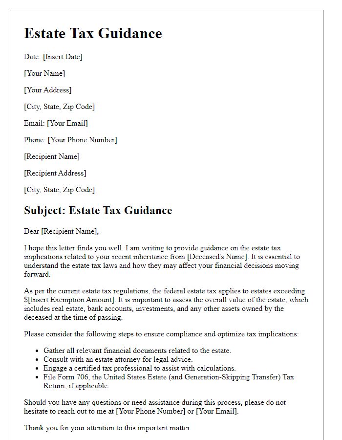 Letter template of estate tax guidance