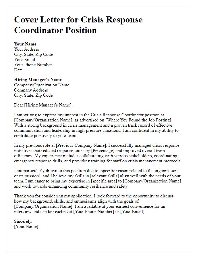 Letter template of application cover letter for crisis response coordinator