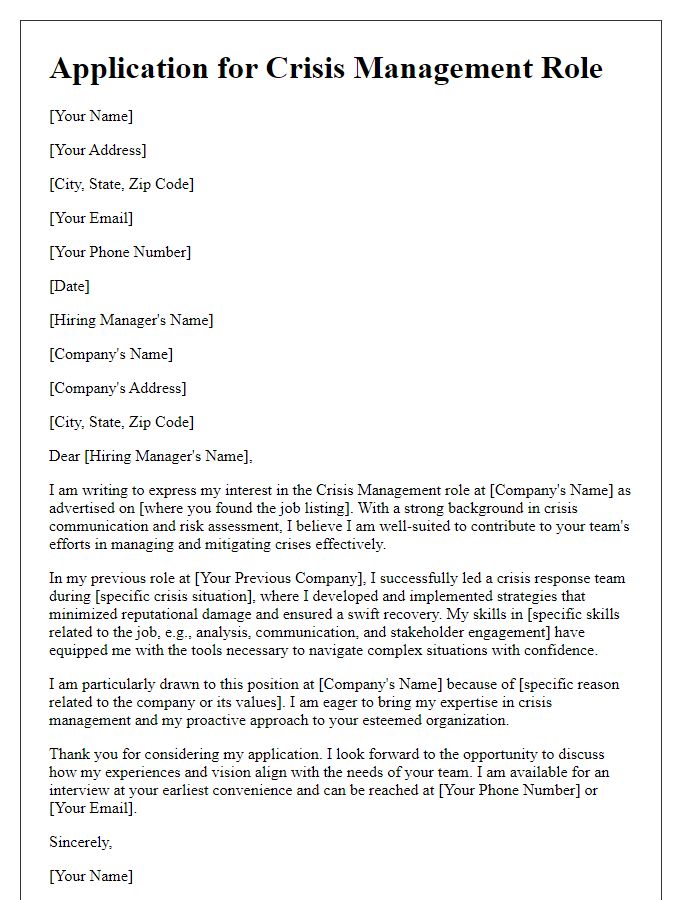 Letter template of application letter for a crisis management role