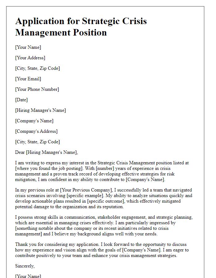 Letter template of application letter for strategic crisis management position