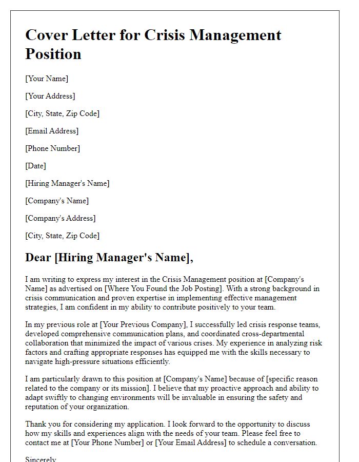 Letter template of cover letter for applying to a crisis management position