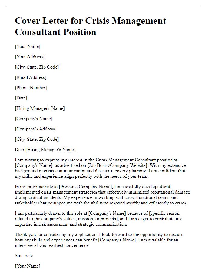 Letter template of cover letter for crisis management consultant role