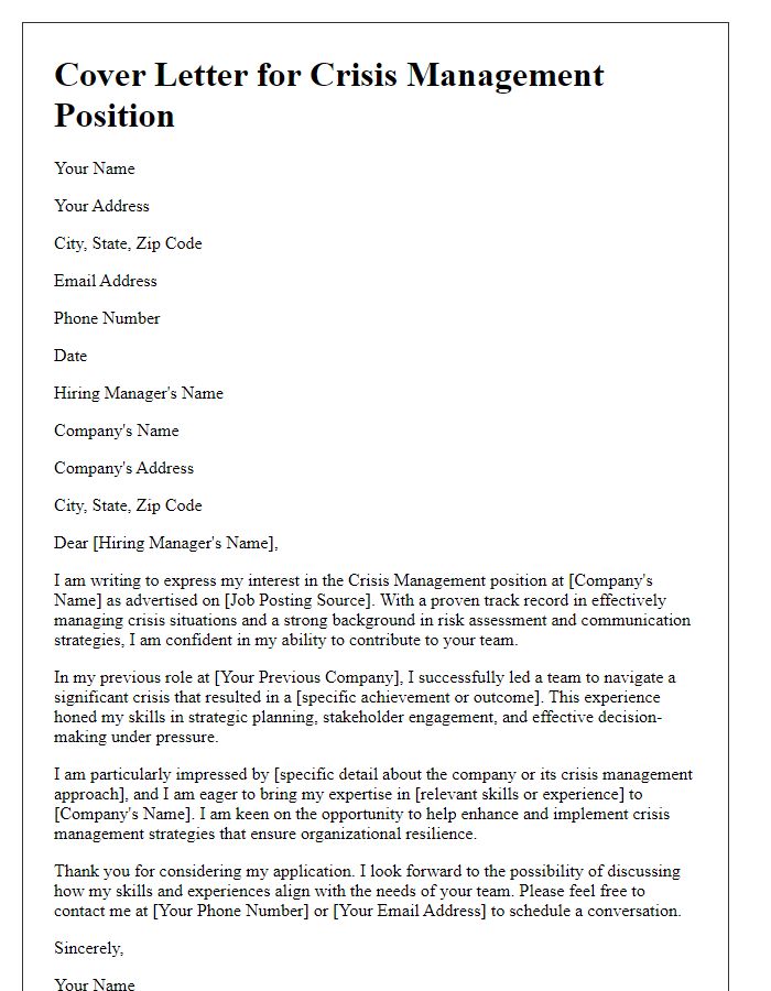 Letter template of cover letter for crisis management job submission