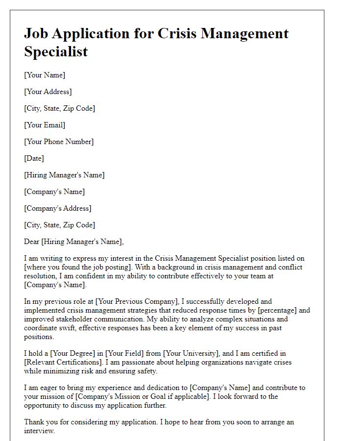 Letter template of job application letter for crisis management specialist