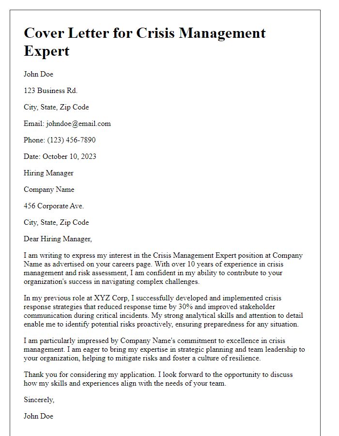 Letter template of professional cover letter for crisis management expert