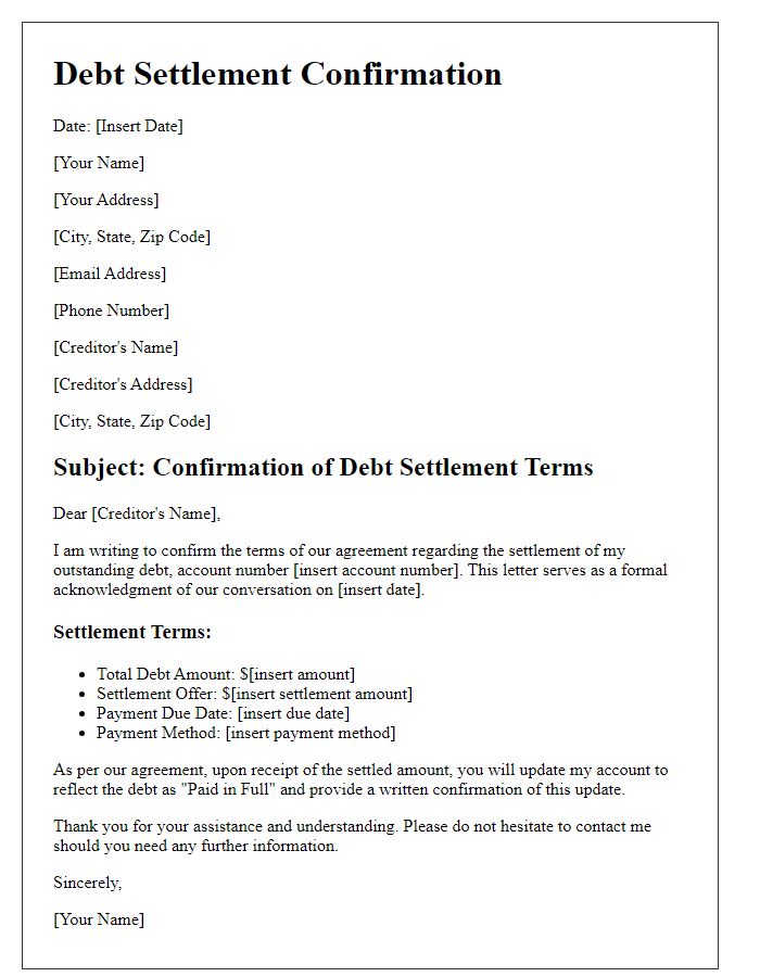 Letter template of confirmation for debt settlement terms