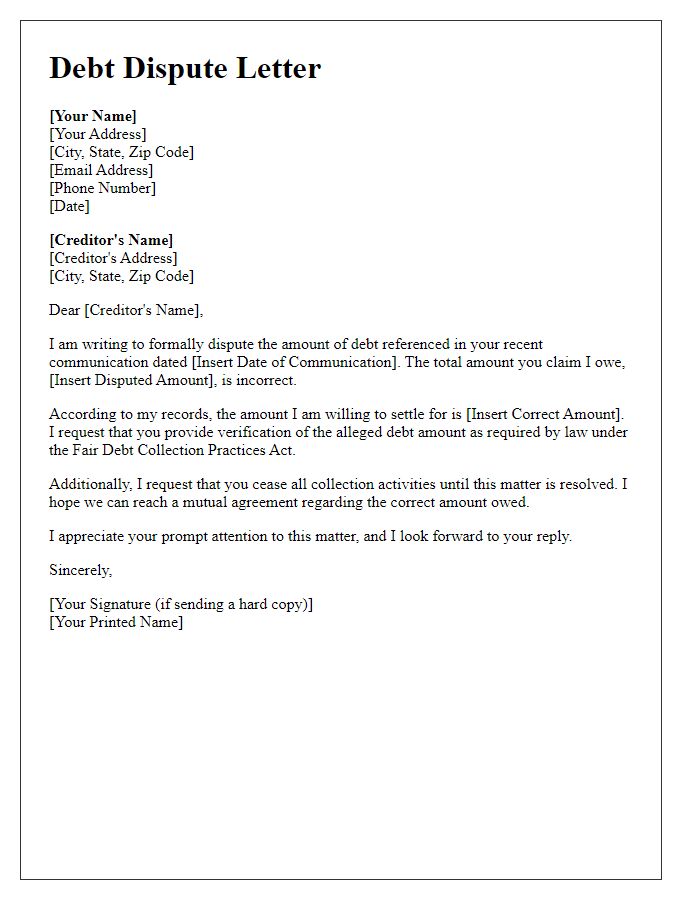 Letter template of disputing debt amount in settlement