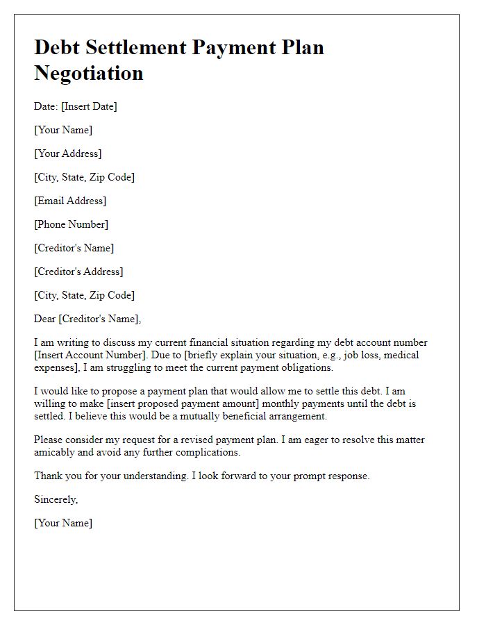 Letter template of payment plan negotiation for debt settlement