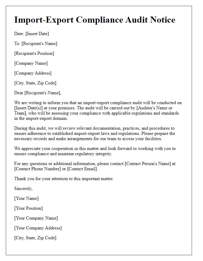 Letter template of import-export compliance audit notice