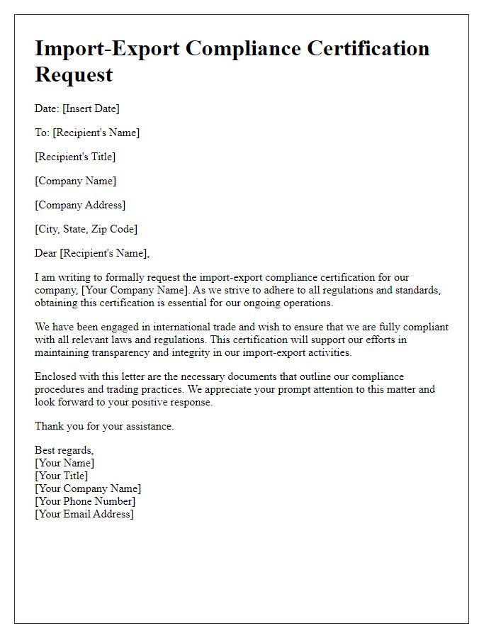 Letter template of import-export compliance certification request